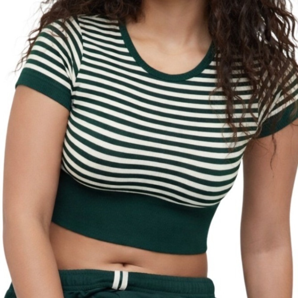 OFFLINE by Aerie Womens Green White Striped Seamless Cropped‎ Activewear Top S/P